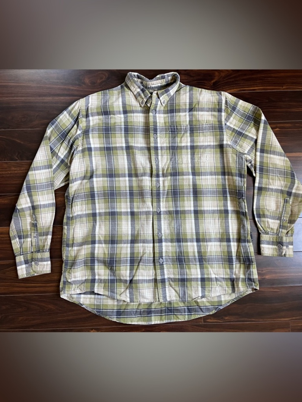 Cabela's Men’s Flannel Olive Green & Gray Plaid Button-Down Shirt, XLT, EUC